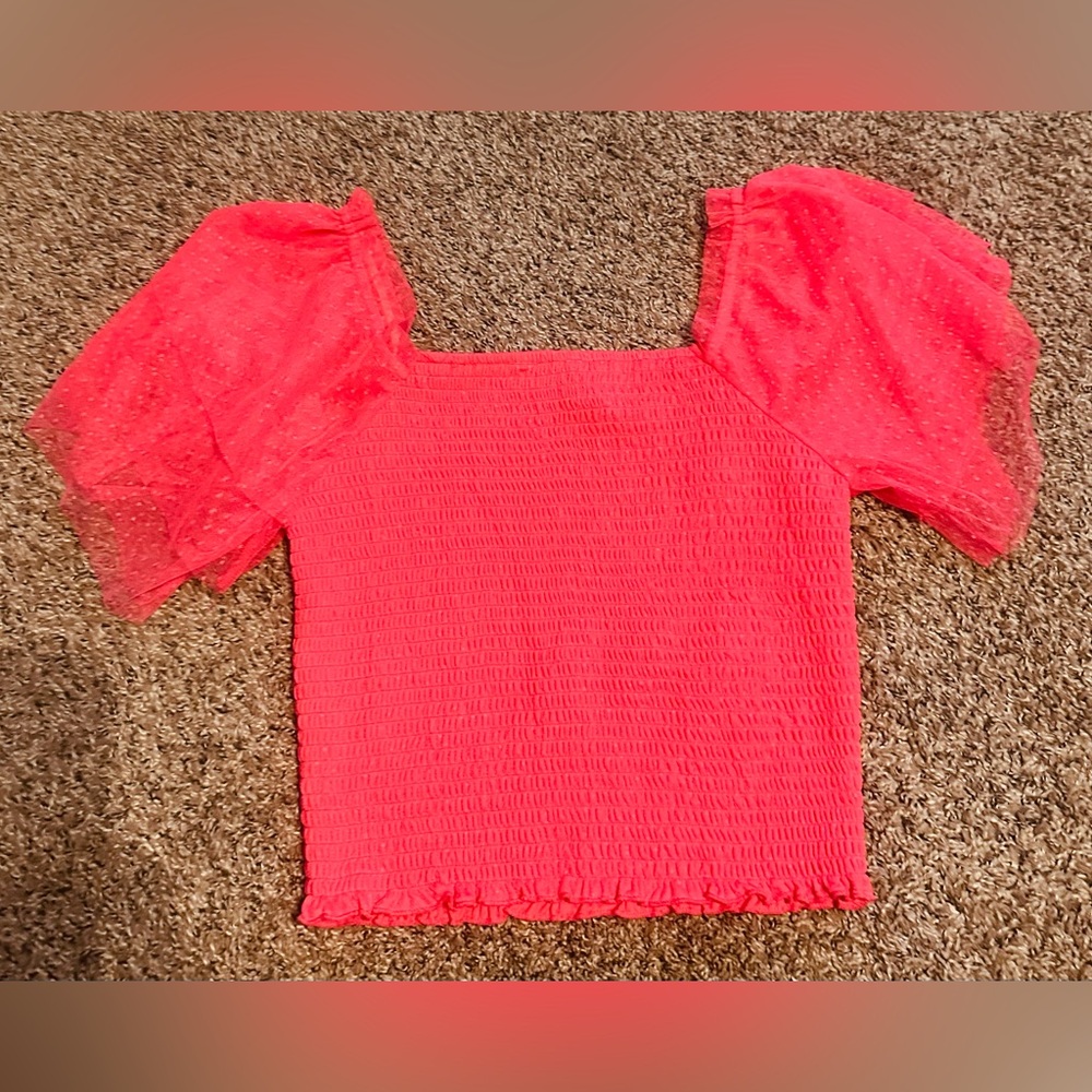 Willow & Root Square-Neck Smocked Puff-Sleeve/tulle Top in Coral - Picture 7 of 15